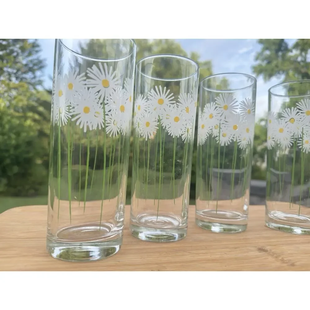 Retro French Daisy Floral Iced Tea Glasses 16oz Made In France